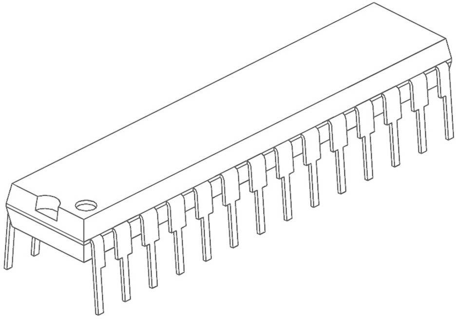 Ein 28-poliger DIP-Chip, dargestellt in einer isometrischen Zeichnung, zeigt die Anordnung der Anschlüsse und die rechteckige Gehäuseform.