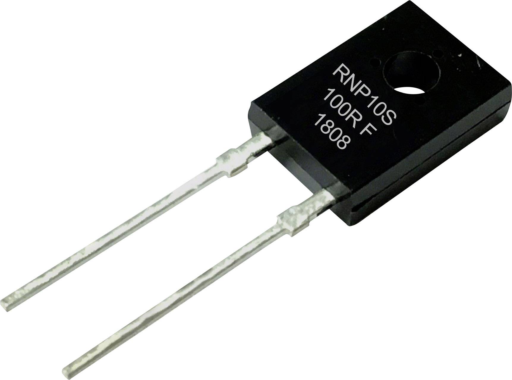 Ein schwarzer elektronischer Widerstand mit der Aufschrift 'RNP10S 100R F 1808'. Zwei Metallpins ragen heraus.