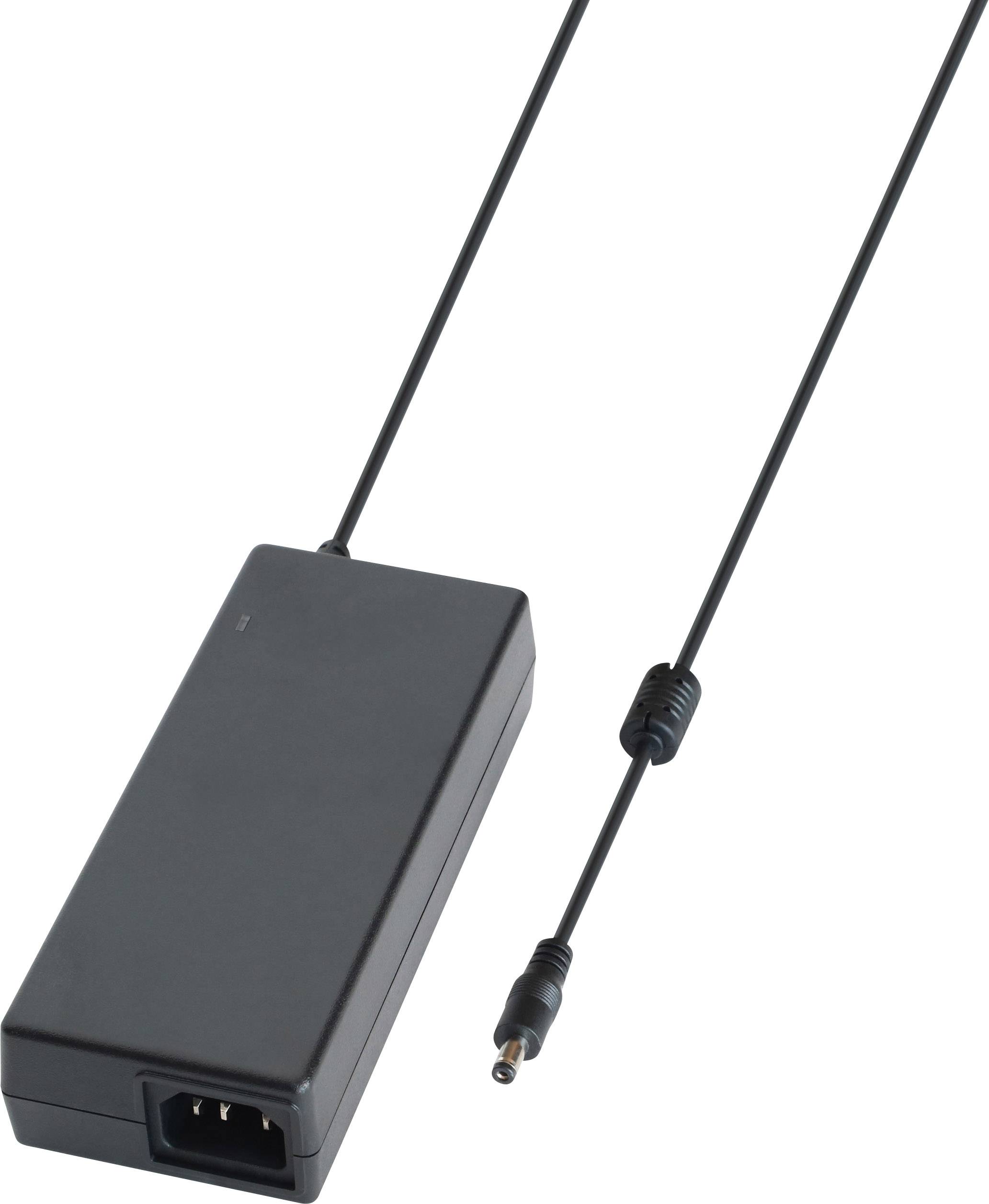 Schwarzes Netzteil mit zwei Kabeln, eines mit einem Stecker; dient zur Energieversorgung elektronischer Geräte.