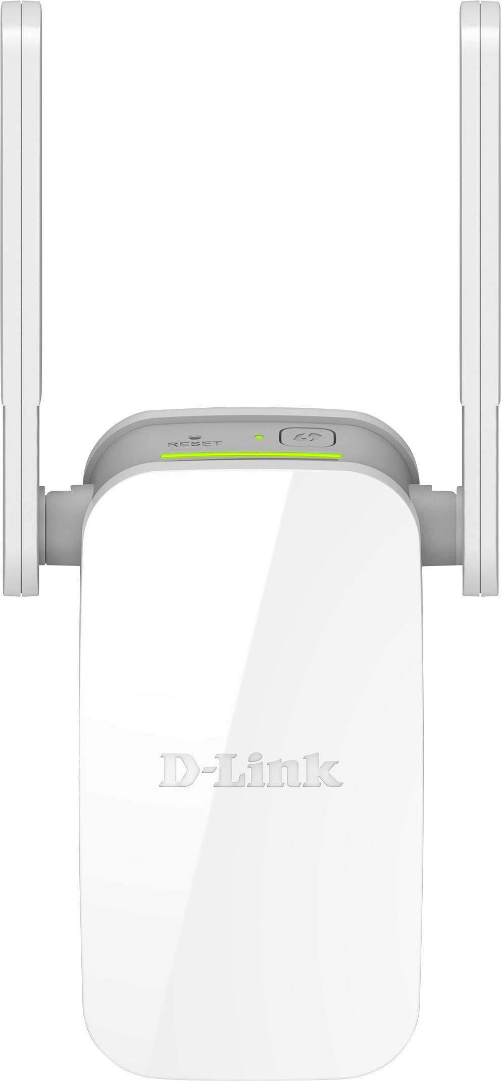 Ein weißer D-Link WLAN-Repeater mit zwei Antennen, ideal zur Verstärkung des WLAN-Signals in Haushalten oder Büros.