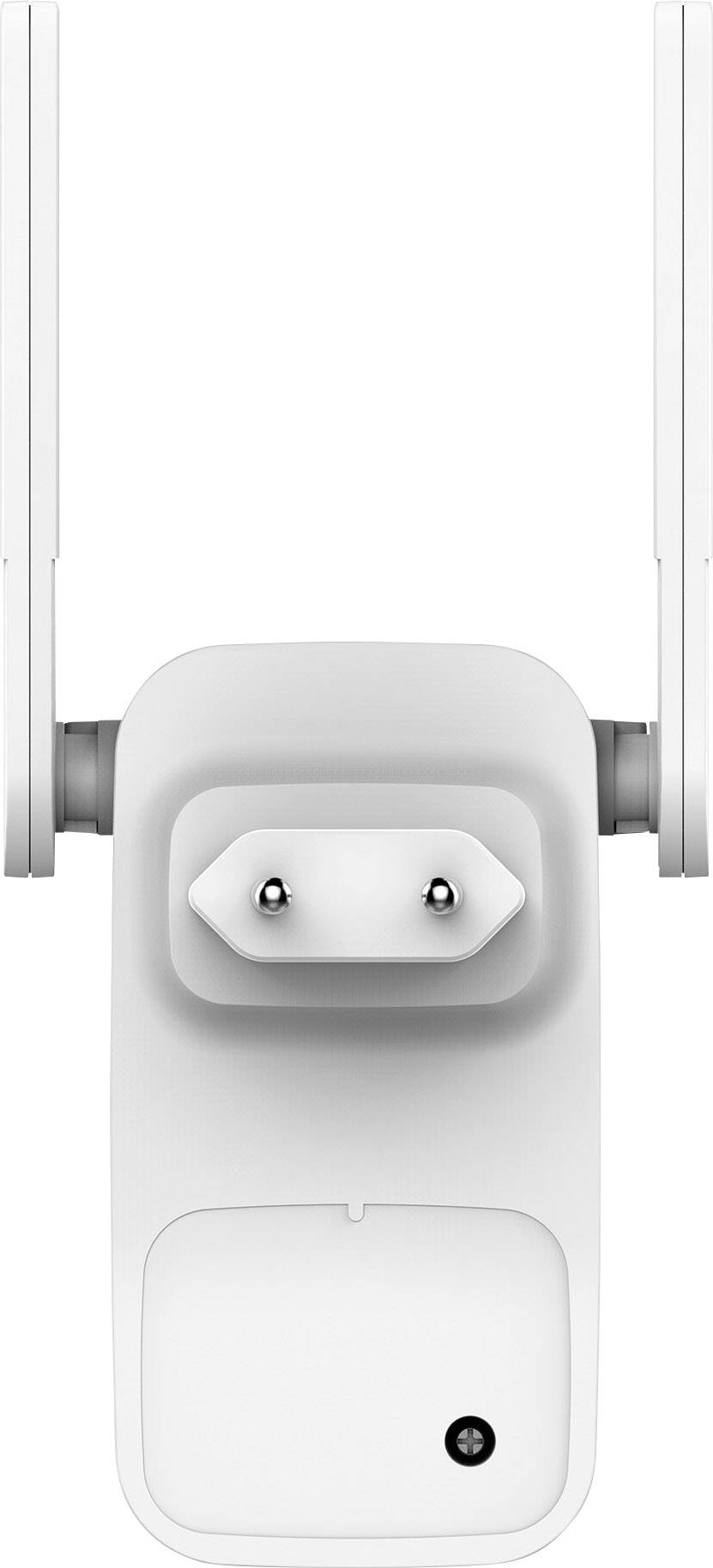 Ein weißer WLAN-Verstärker mit zwei Antennen und einer Steckerverbindung, von oben gesehen. Ideal zur Verbesserung der Internetabdeckung.