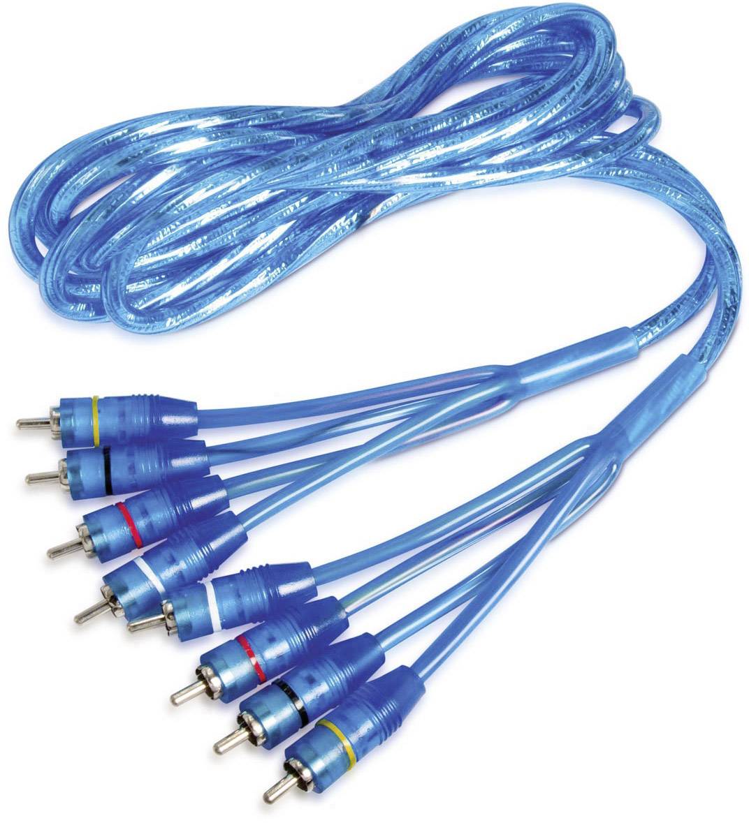 Blaues RCA-Kabel mit mehreren Steckern. Geeignet für Audio- und Videoverbindungen, sechs farbcodierte Anschlüsse an jedem Ende.