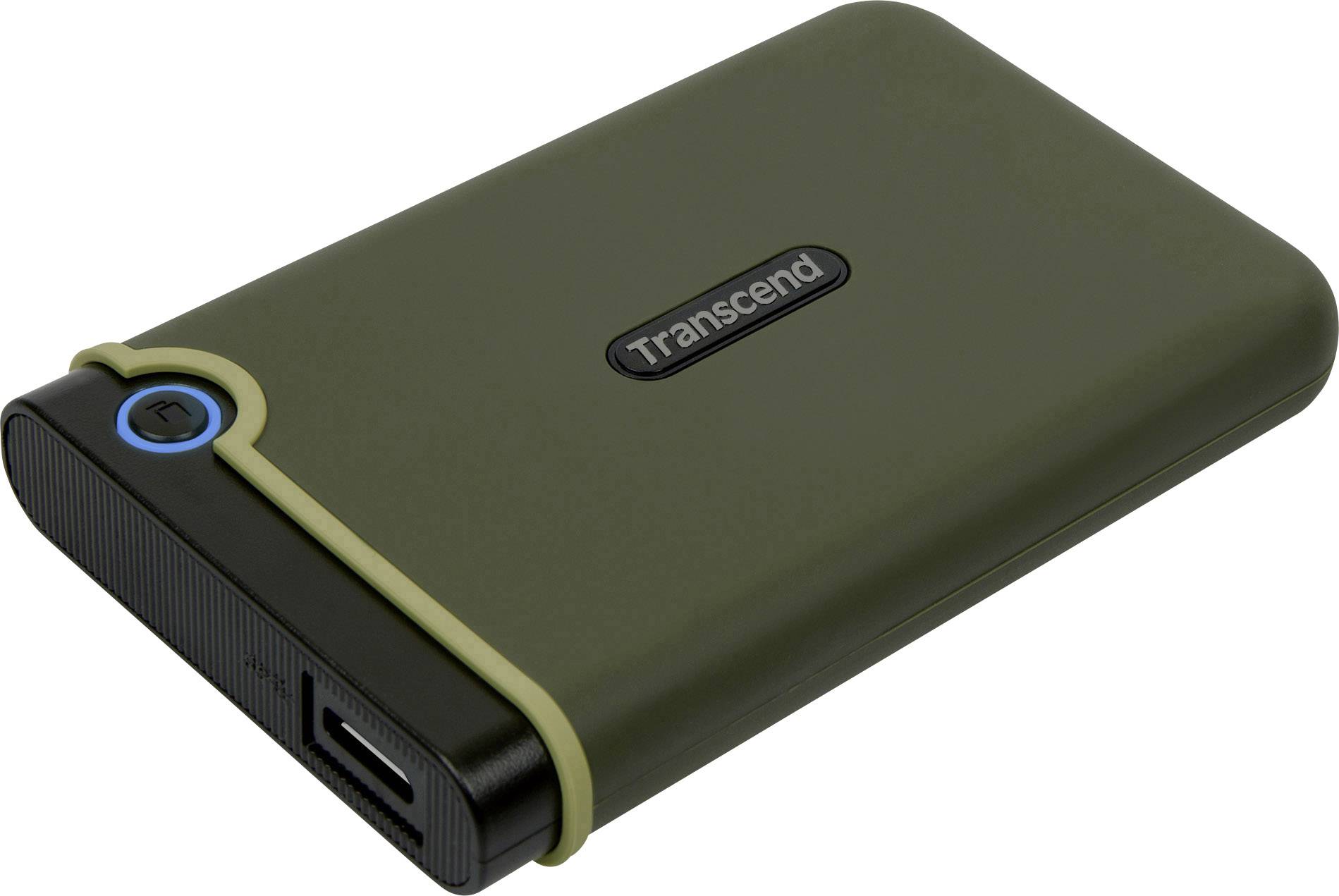Externe Festplatte mit olivgrünem Gummischutz und USB-Anschluss, markiert mit 'Transcend' auf der Vorderseite.