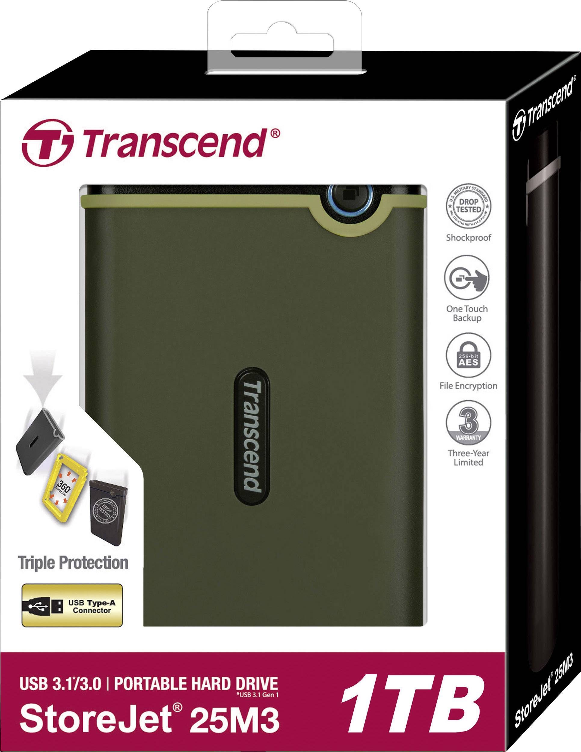 'Transcend StoreJet 25M3 1TB' externe Festplatte-Verpackung; stoßfest, USB 3.1/3.0, Datensicherungs-, Verschlüsselungsfunktionen.