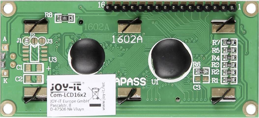 Grüne LCD-Platine mit schwarzen Pins und Schaltkreisen. Text '1602A'. Herstelleretikett 'JOY-IT' mit Adresse und Modellnummer.