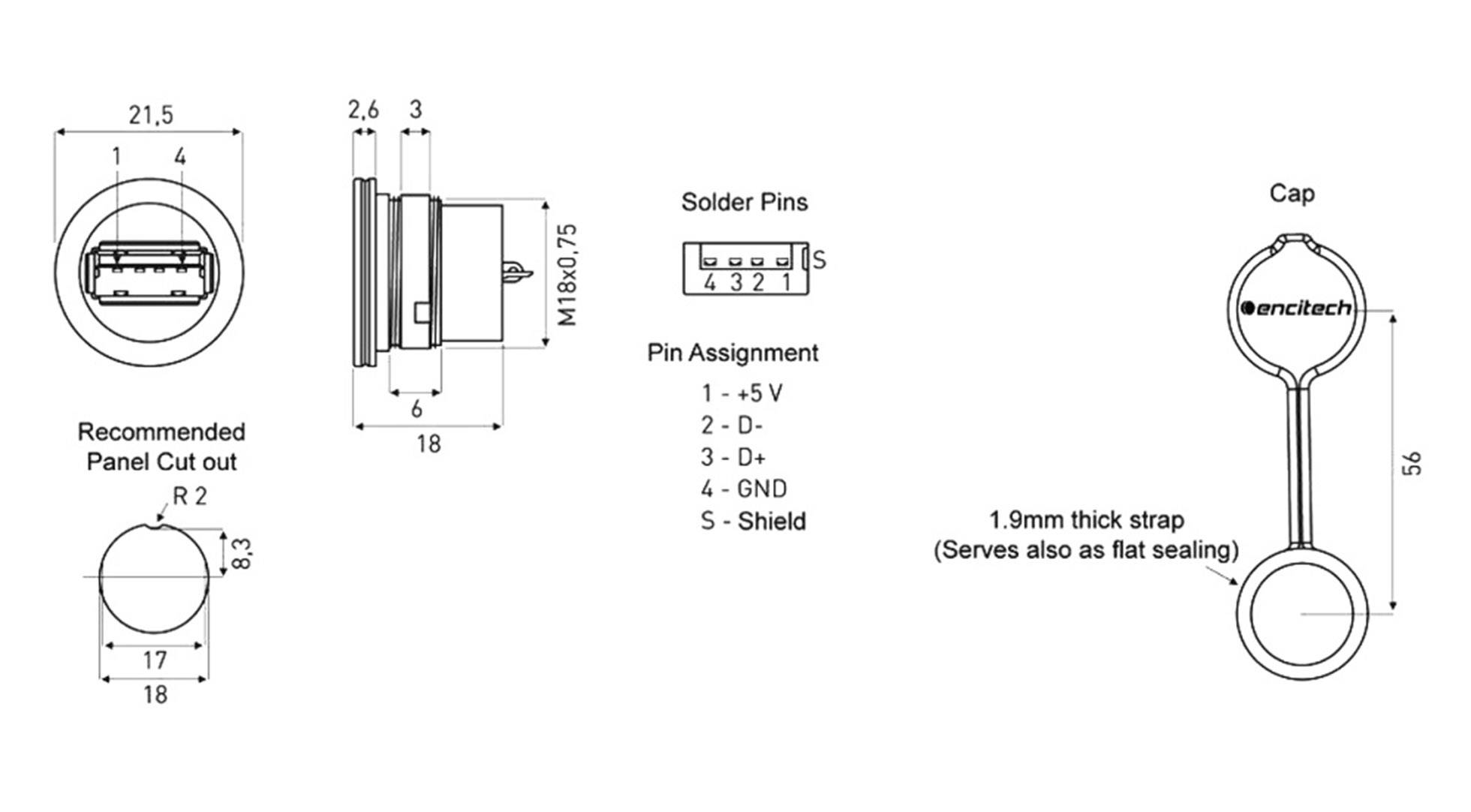 Encitech USB 2.0 Typ A Chassisbuchse, Einbau 1310-1001-01 M16 1310-1001-01 Inhalt: 1St.