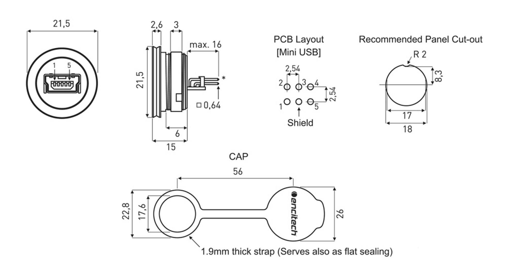 Encitech USB 2.0 Buchse Mini-B Chassisbuchse, Einbau 1310-1010-01 M16 1310-1010-01 Inhalt: 1St.