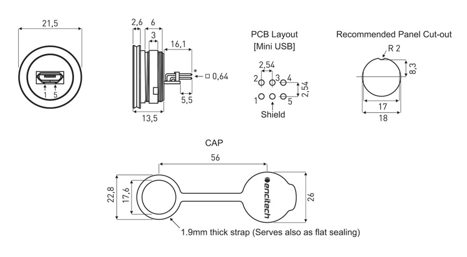 Encitech Micro USB 2.0 Typ B Chassisbuchse, Einbau 1310-1012-01 M16 1310-1012-01 Inhalt: 1 St.