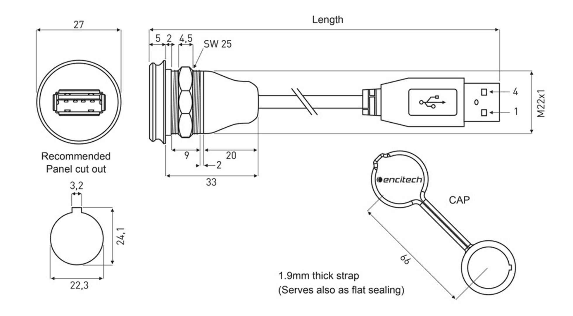 Encitech USB 2.0 Typ A Chassisbuchse, Einbau 1310-1018-02 M22 1310-1018-02 Inhalt: 1St.