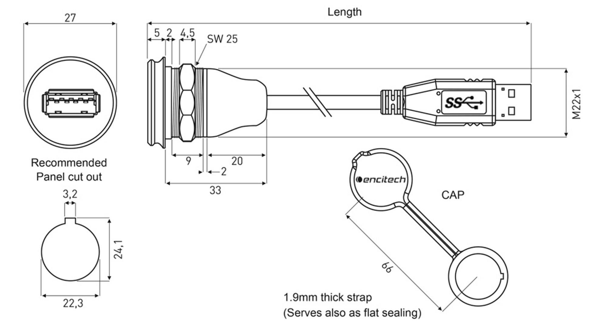 Encitech USB 3.0 Typ A Chassisbuchse, Einbau 1310-1019-03 M22 1310-1019-03 Inhalt: 1St.