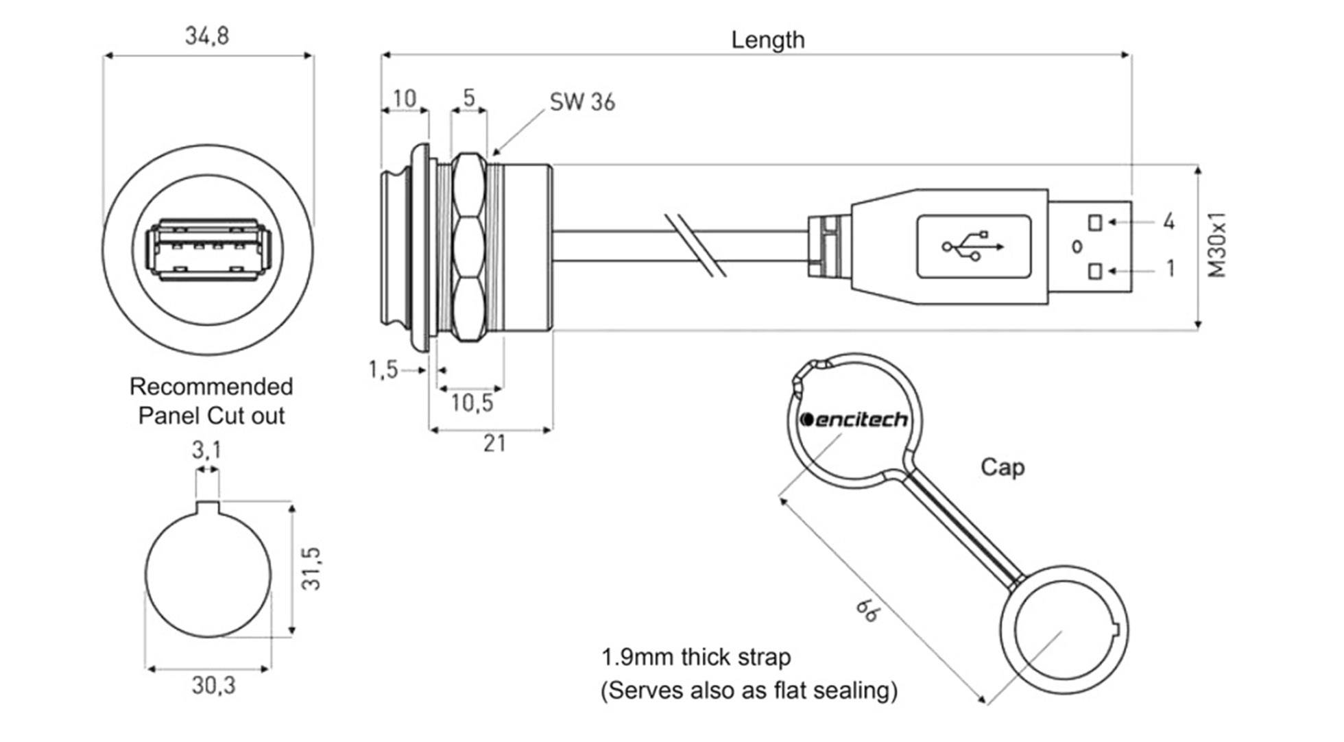 Encitech USB 2.0 Buchse A Chassisbuchse, Einbau 1310-1024-02 M30 1310-1024-02 Inhalt: 1St.