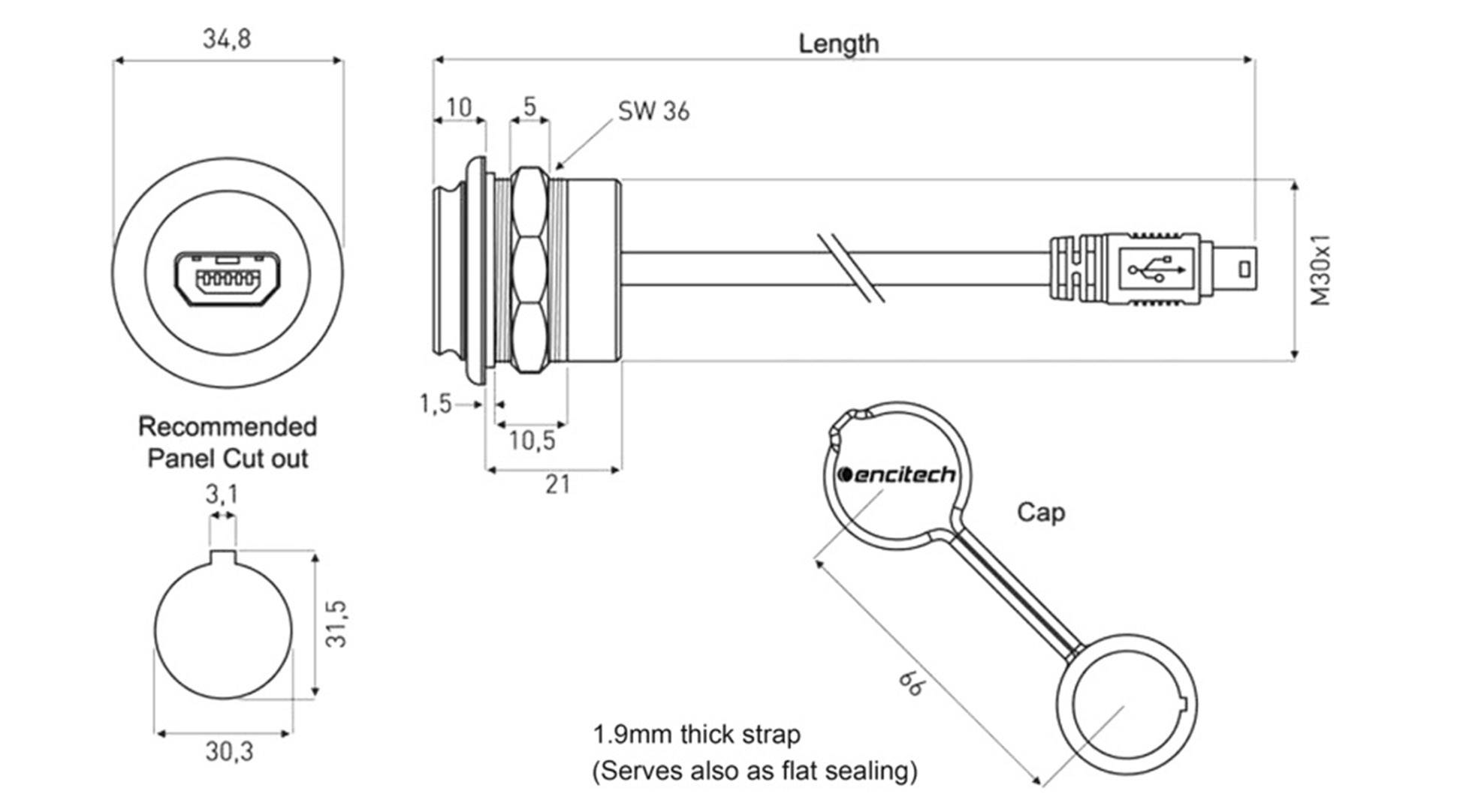 Encitech USB 2.0 Stecker Mini-B Chassisbuchse, Einbau 1310-1026-05 M30 1310-1026-05 Inhalt: 1St.