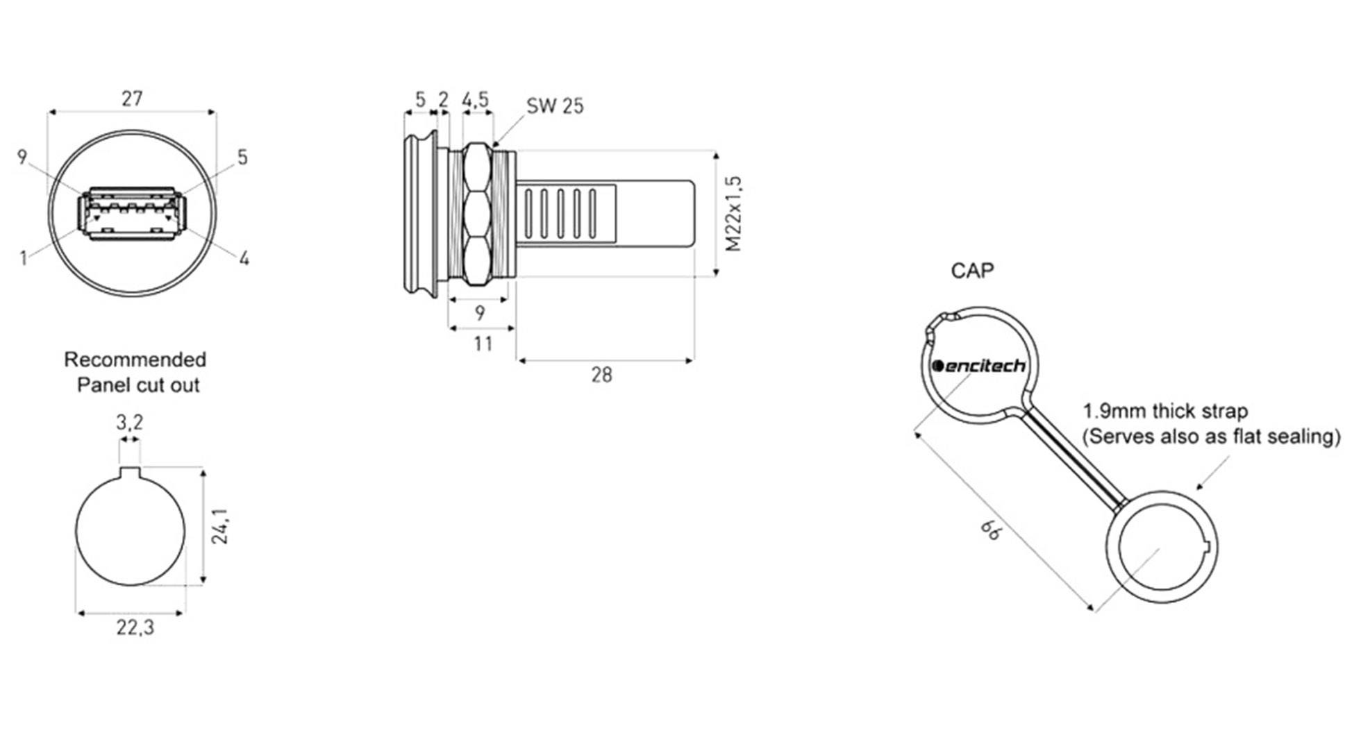 Encitech USB 3.0 Buchse A Adapter, Einbau 1310-1030-01 M22 1310-1030-01 Inhalt: 1St.