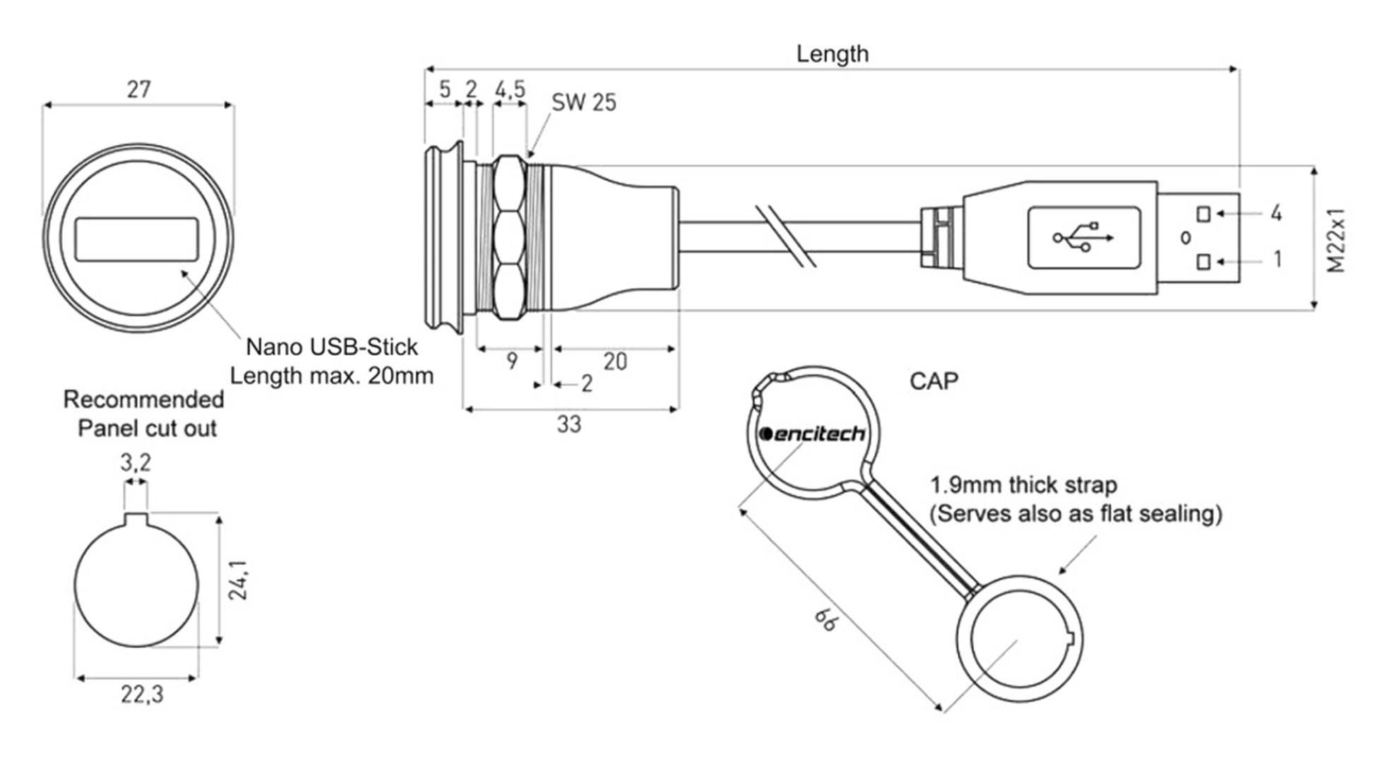 Encitech USB 2.0 Stecker A Chassisbuchse, Einbau 1310-1032-01 M22 1310-1032-01 Inhalt: 1St.