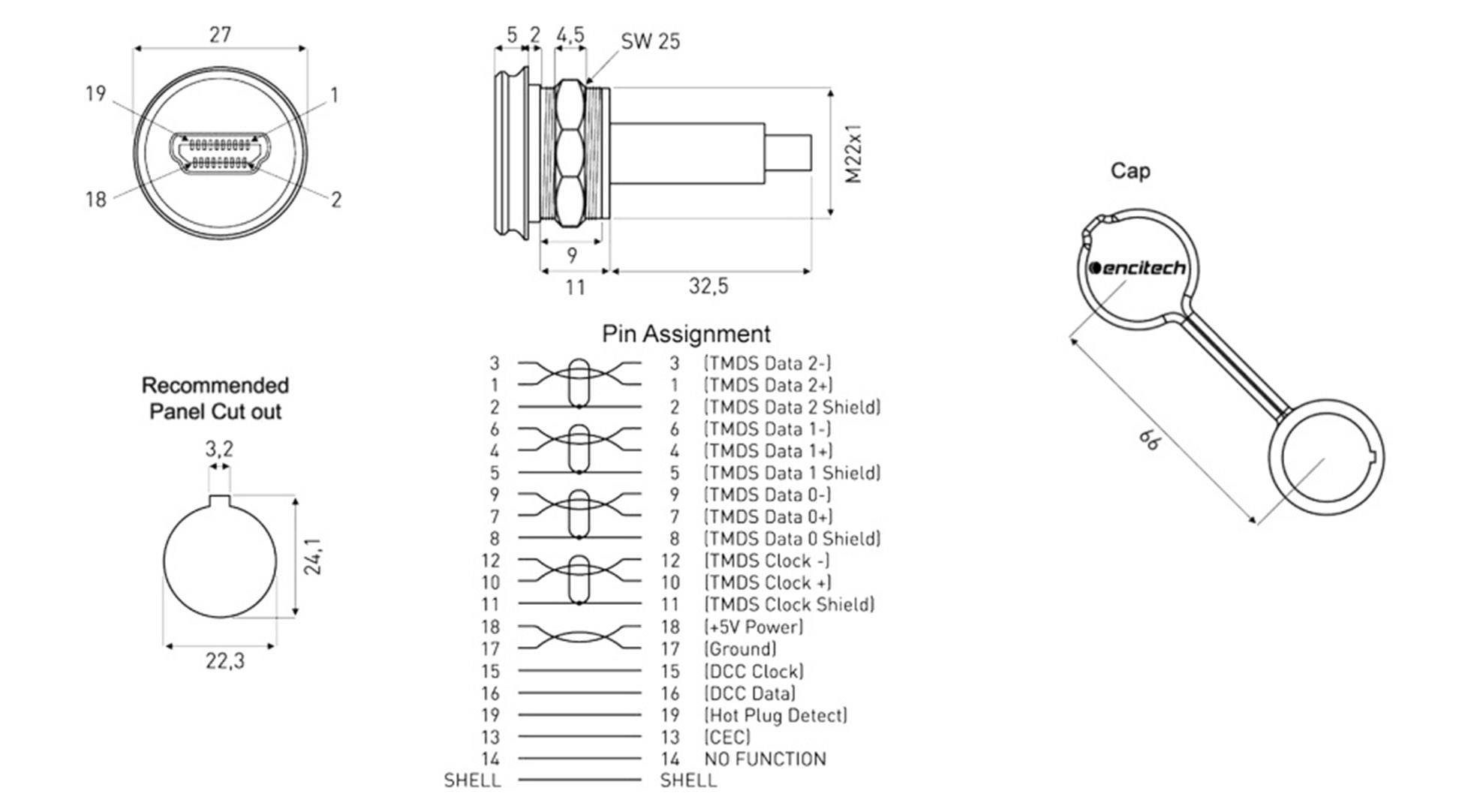 Encitech 1310-1033-01 HDMI-Adapter Adapter, Einbau Polzahl: 19 Schwarz 1St.