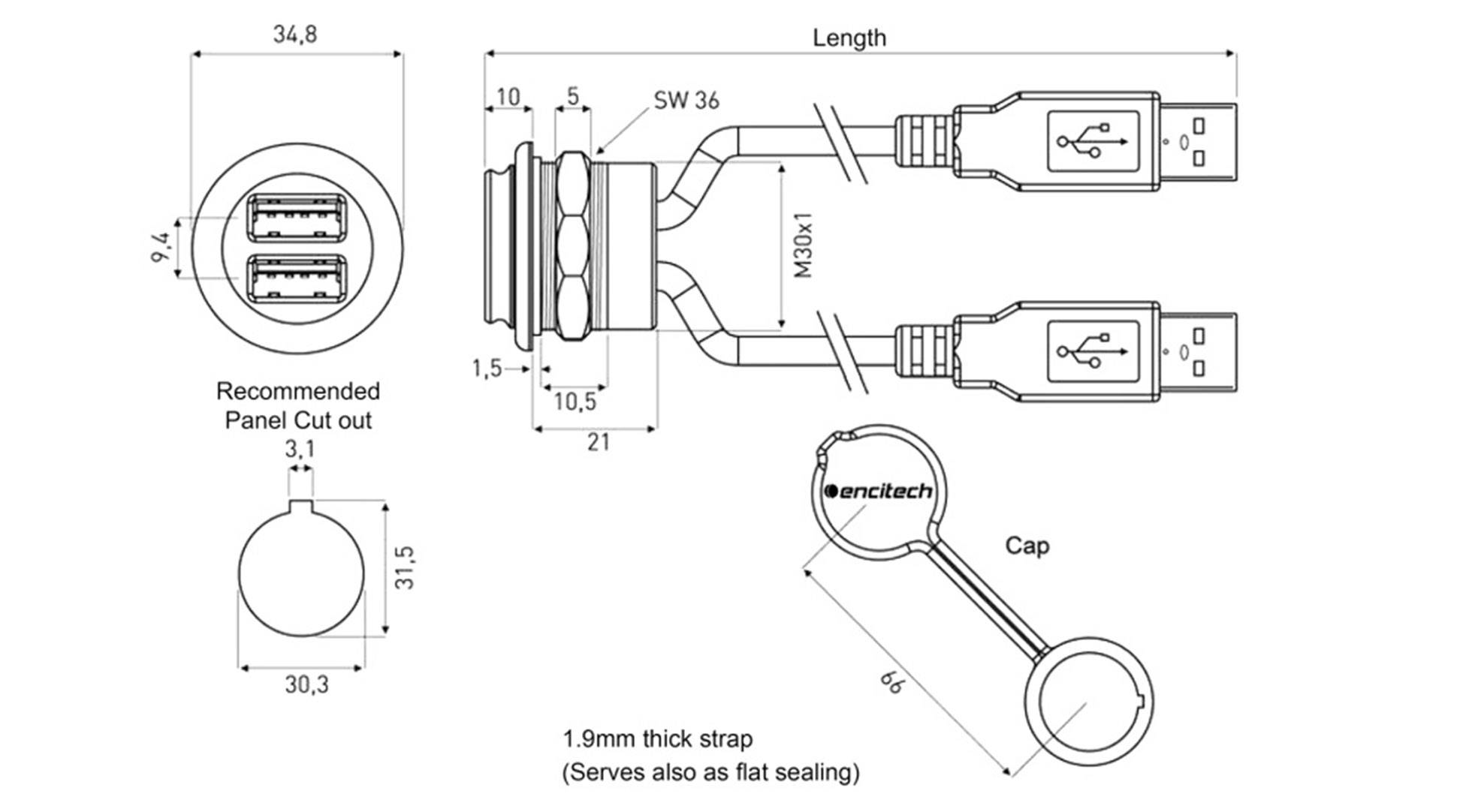 Encitech 2 x USB 2.0 Buchse A Chassisbuchse, Einbau 1310-1035-02 M30 1310-1035-02 Inhalt: 1St.