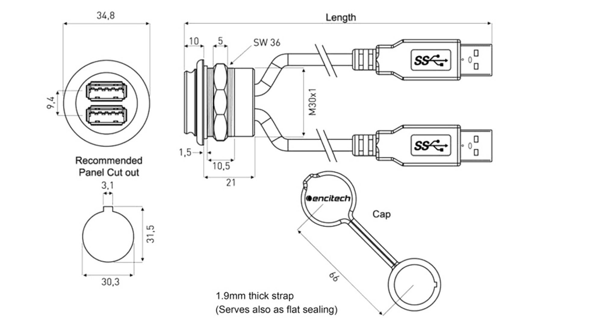 Encitech 2 x USB 3.0 Buchse A Chassisbuchse, Einbau 1310-1036-03 M30 1310-1036-03 Inhalt: 1St.
