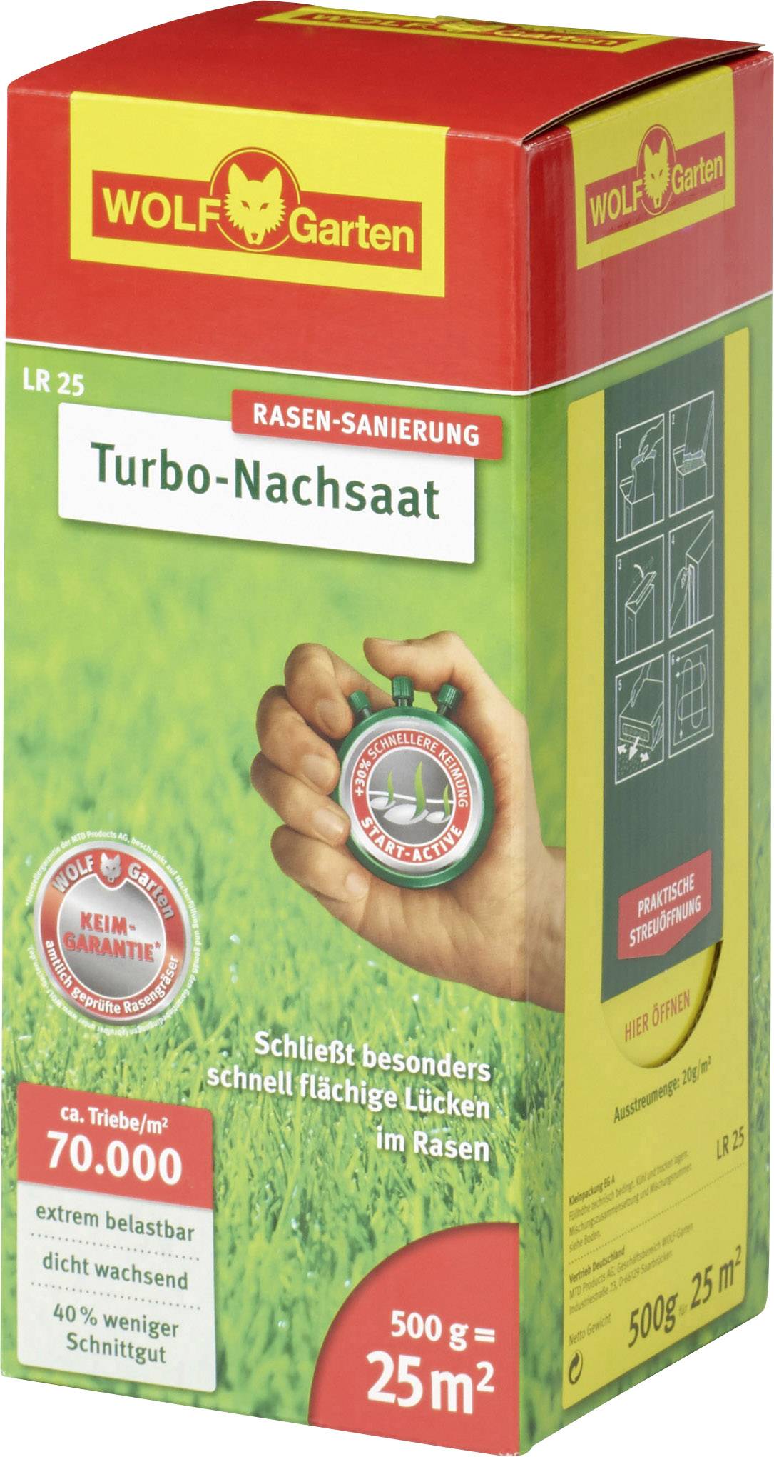 Verpackung von WOLF-Garten Turbo-Nachsaat für Rasen. Text auf der Verpackung: 'Extrem belastbar' und 'Schließt besonders schnell Lücken im Rasen'.