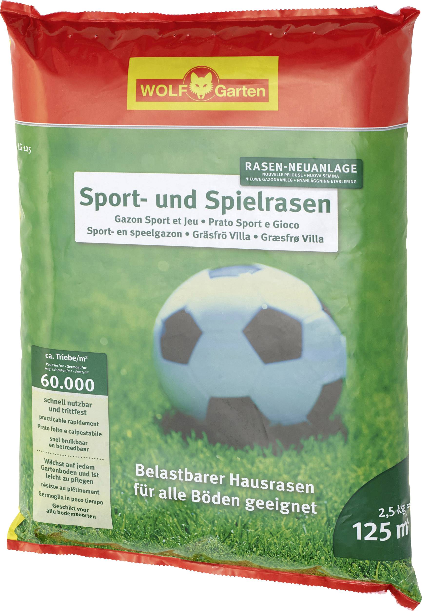 Roter Beutel Wolf-Garten Sport- und Spielrasen, zeigt Fußballmotiv. Für Belastbarkeit, geeignet für alle Böden, 60.000 Grassamen.