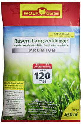 'Wolf-Garten Rasen-Langzeitdünger' Verpackung; bewirkt Langzeitwirkung bis zu 120 Tage, geeignet für 450 m², Inhalt 9 kg.