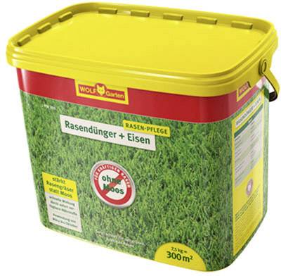 Rasendünger-Behälter mit gelbem Deckel, 'Rasendünger + Eisen' zeigt, für 300 m² geeignet, Marke: Wolf-Garten.