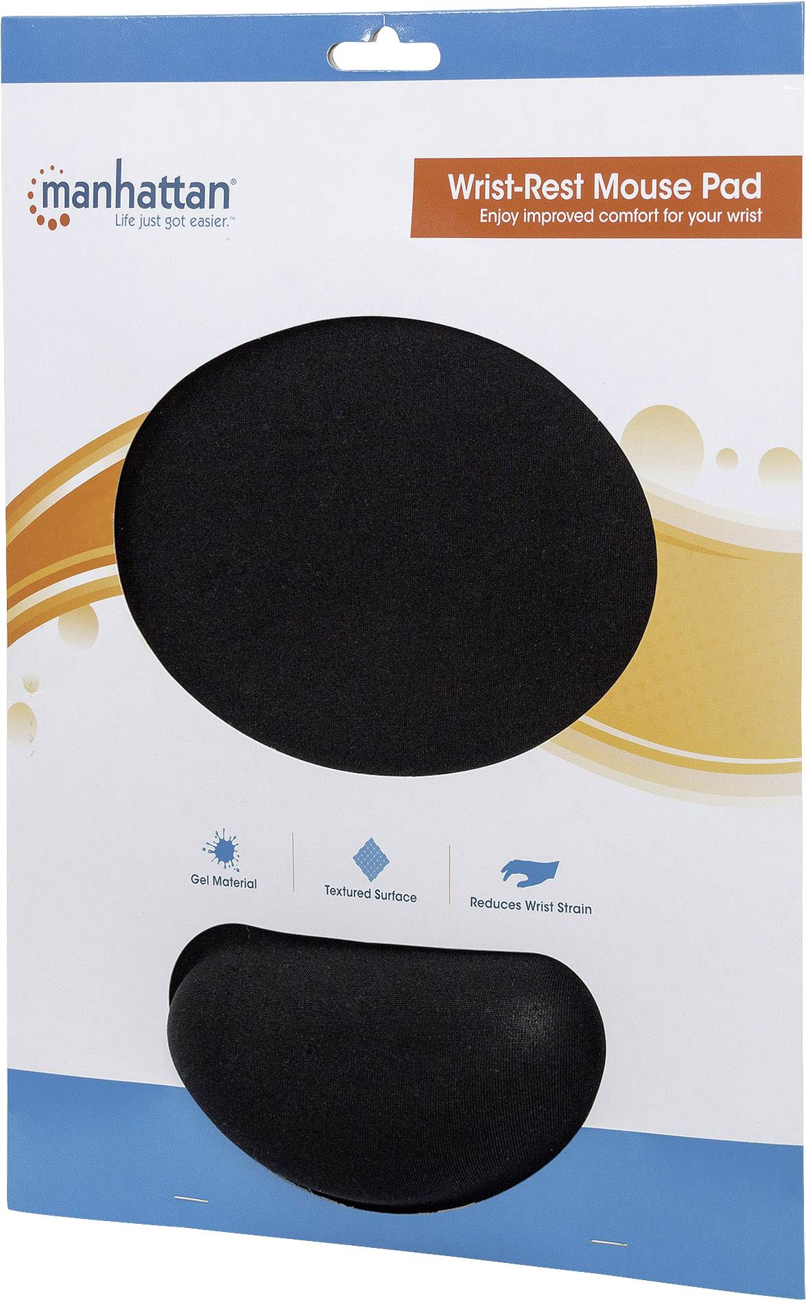 Manhattan Wrist Gel Support Pad and Mouse Mat, Black, 241 Ã— 203 Ã— 40 mm, non slip base, Lifetime Warranty, Card Retail