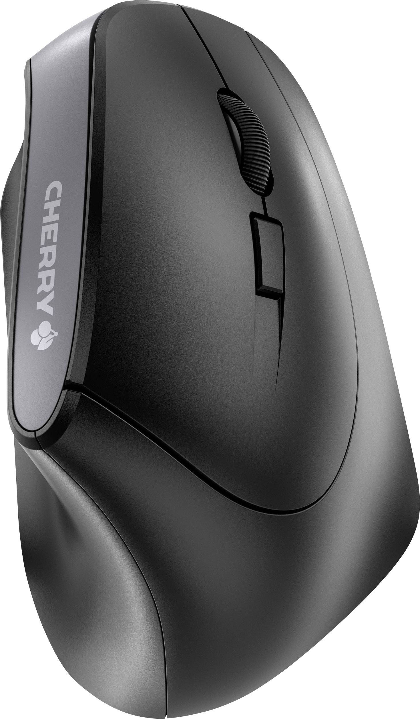 Kabellose schwarze Computermaus in ergonomischem Design, mit Scrollrad und zwei Tasten.