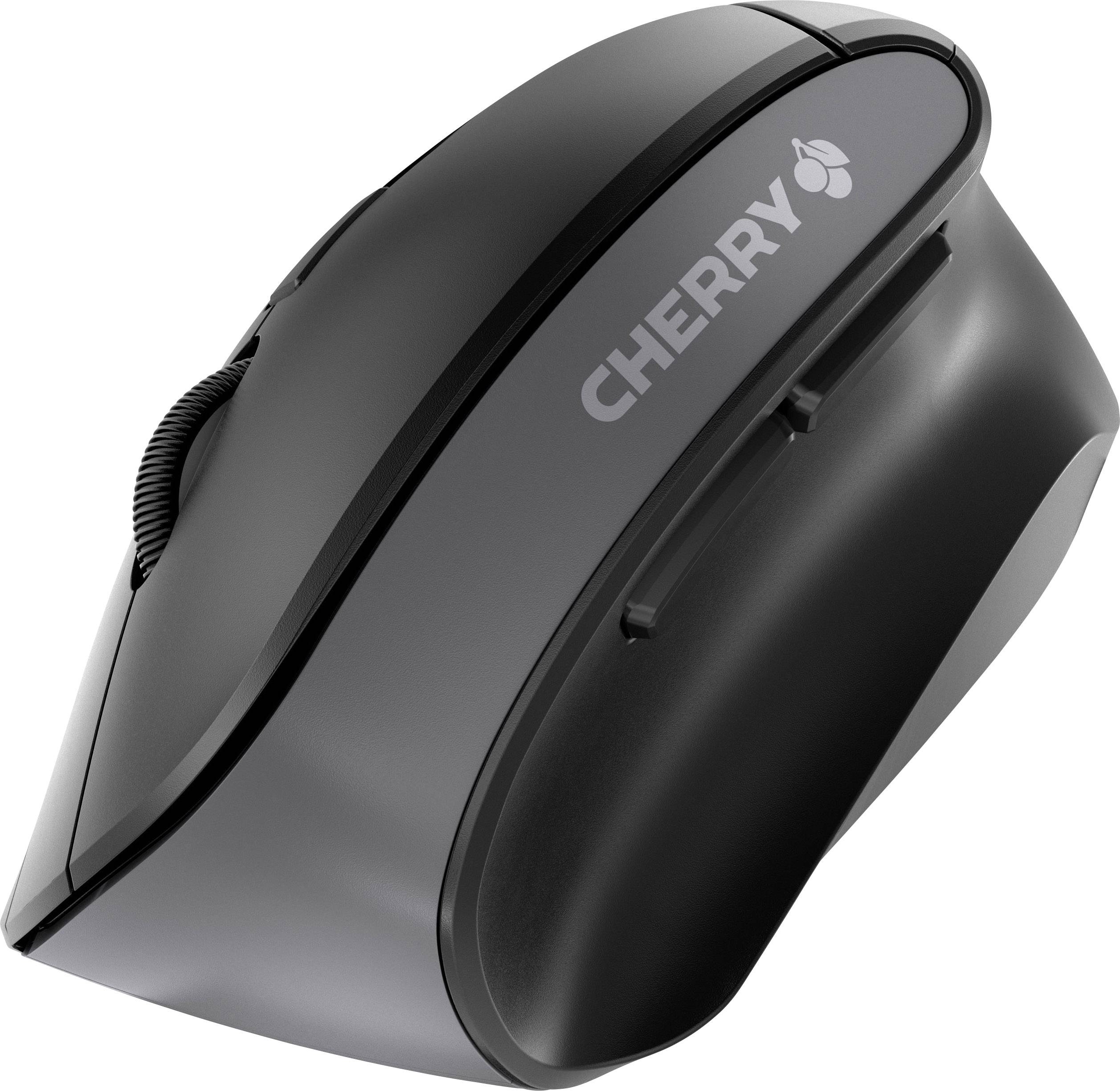 Schwarze, ergonomische Computermaus mit vertikalem Design der Marke 'Cherry', ideal zur Entlastung des Handgelenks bei langer Nutzung.