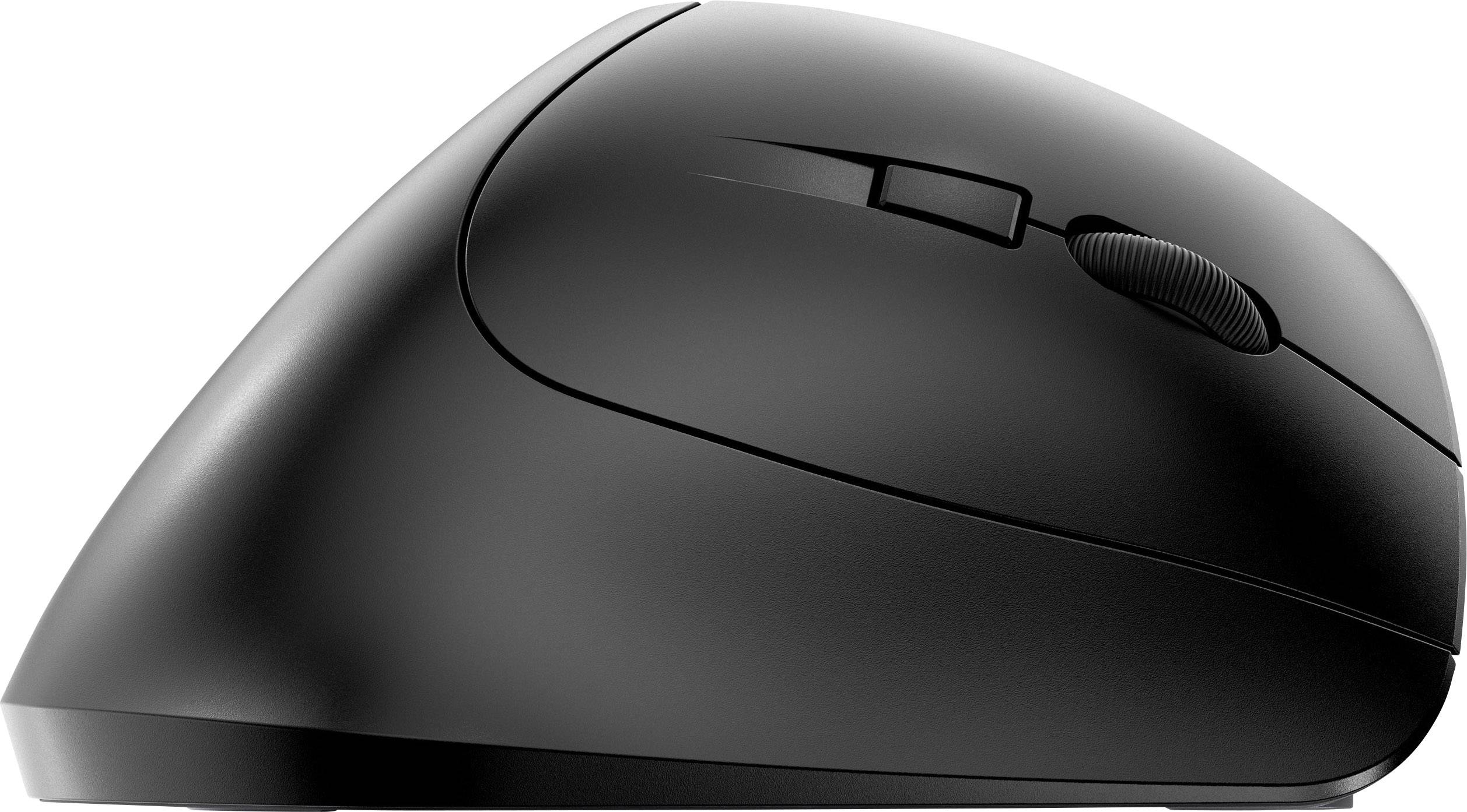 Schwarze kabellose Computermaus von der Seite fotografiert, mit sichtbarem Scrollrad und zwei Tasten.