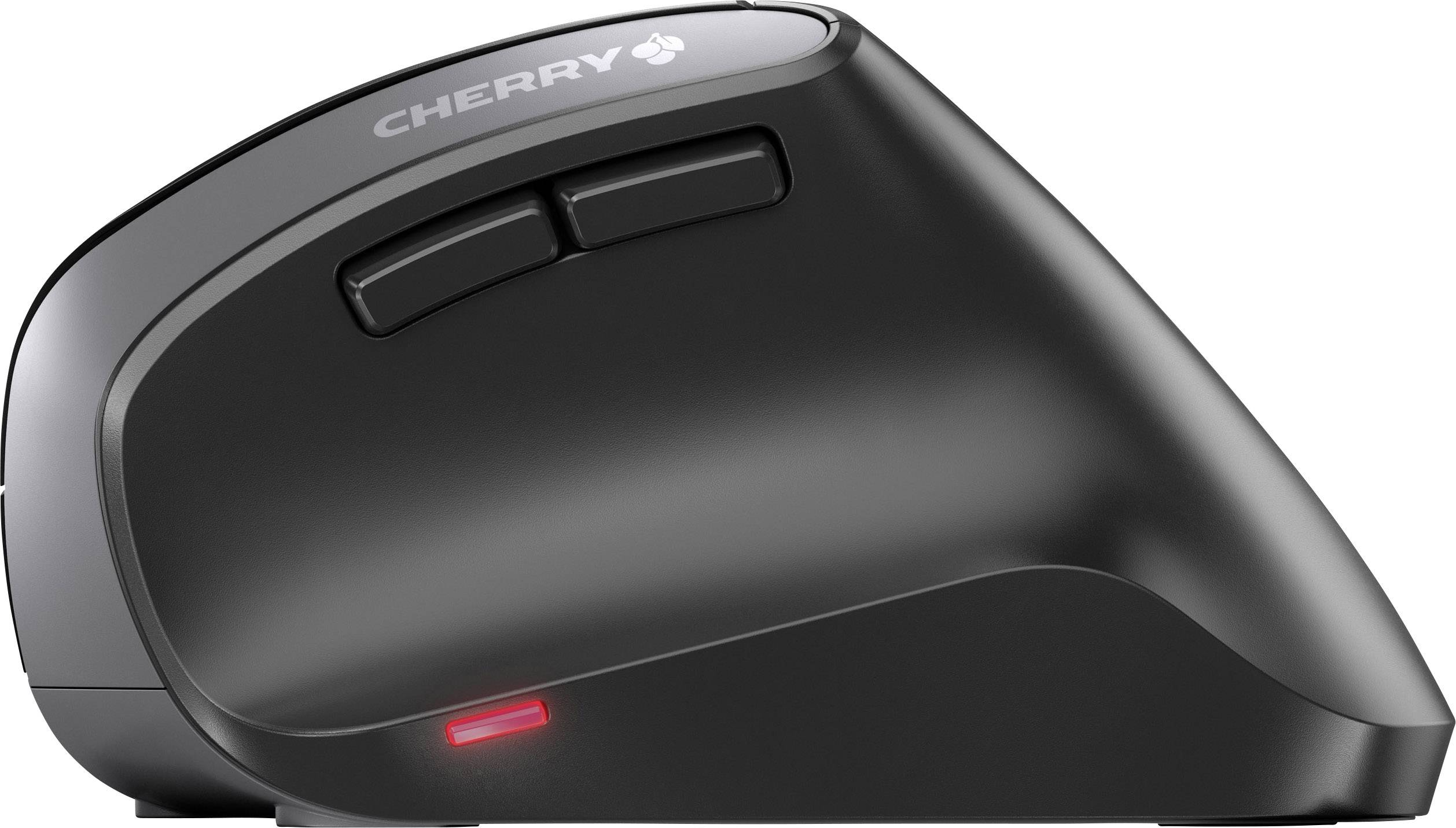 Schwarze ergonomische Computermaus mit seitlichen Tasten und einem LED-Licht an der Unterseite.