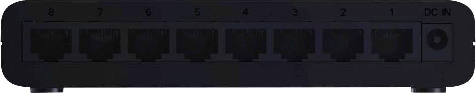 Netzwerk-Switch mit acht LAN-Ports, nummeriert von 1 bis 8, und einem Stromanschluss rechts.