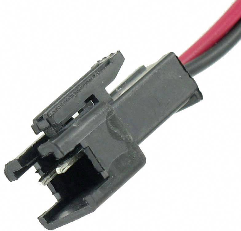 Nahaufnahme eines schwarzen elektrischen Steckverbinders mit rotem und schwarzem Kabel, geeignet für Computer- oder Geräteanschluss.
