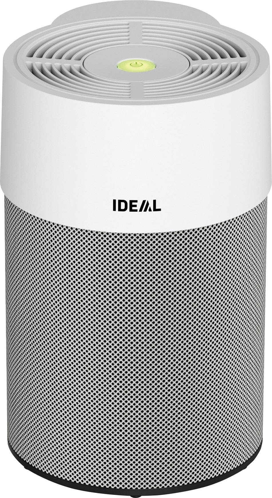 Ein zylindrischer Luftreiniger mit weißem Gehäuse und einem grauen Gittereinsatz, darauf ist das Logo 'IDEAL' sichtbar.