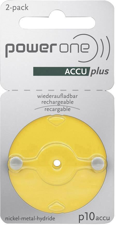 Zwei wiederaufladbare Hörgerätebatterien 'power one ACCU plus', Typ p10, Nickel-Metallhydrid in gelbem Blisterpack.