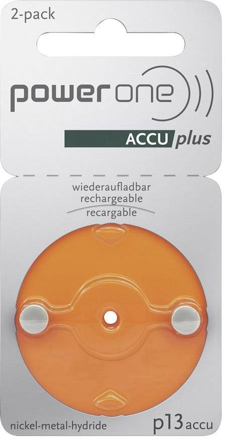 'Power One ACCU plus' Verpackung zeigt zwei wiederaufladbare, nickel-metal-hydride Hörgerätebatterien der Größe p13 in Orange.
