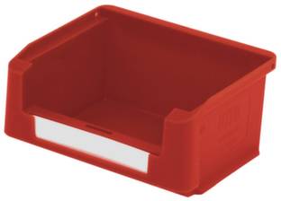 Rote Kunststoffbox mit offener Vorderseite und integriertem Etikettenhalter, leer, für Lagerung oder Organisation von Gegenständen.