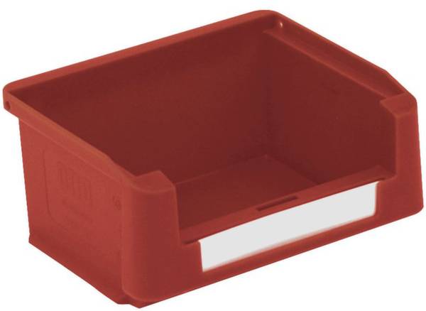Rote Aufbewahrungsbox aus Kunststoff mit offener Vorderseite zur einfachen Entnahme. Ideal für Organisation und Lagerung.