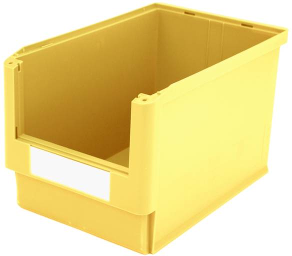 Gelbe Kunststoffkiste mit offenem Deckel und Etikettenfach an der Vorderseite.