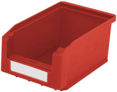 Roter Kunststoffbehälter mit offenem vorderem Zugang und Etikettenhalter, verwendet zur Aufbewahrung von Kleinteilen oder Werkzeugen.