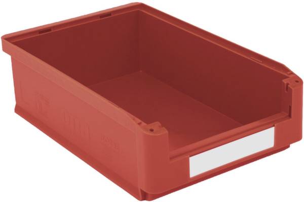 Rote Plastikbox, rechteckig und offen, mit weißen Etikettenfeld auf der Vorderseite. Ideal zur Aufbewahrung kleiner Gegenstände.