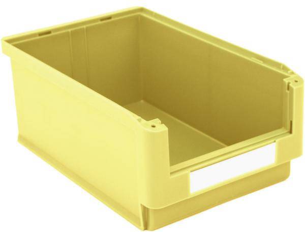 Gelbe, rechteckige Kunststoffbox mit offenem Vorderteil, geeignet zur Lagerung oder Organisation von Gegenständen.