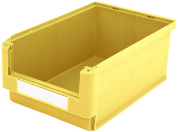 Ein gelber, rechteckiger Kunststoffbehälter mit offenem Vorderteil, geeignet zur Lagerung oder Organisation von Gegenständen.