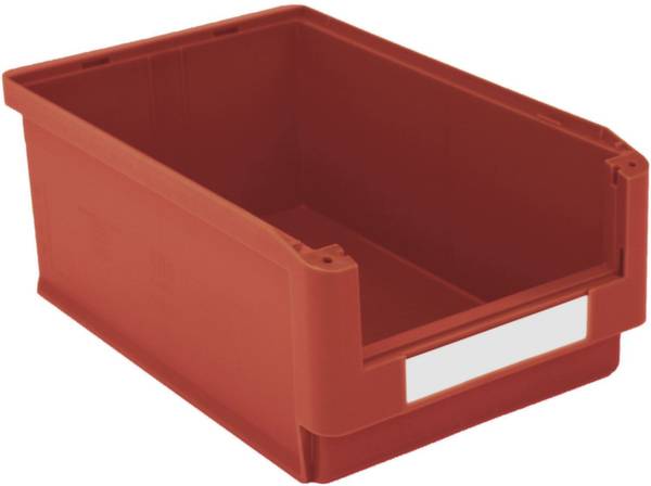 Ein großer, rechteckiger, rotbrauner Kunststoffbehälter mit offenem Deckel und Etikettenfach vorne, zur Aufbewahrung geeignet.