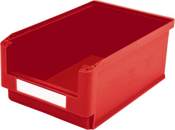 Roter Kunststoffbehälter mit offenem Deckel, rechteckige Form und ohne erkennbare Inhalte.