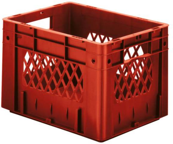 Rote Kunststoffkiste mit seitlichen Gitterstäben, rechteckige Form, geeignet für Transport und Lagerung.