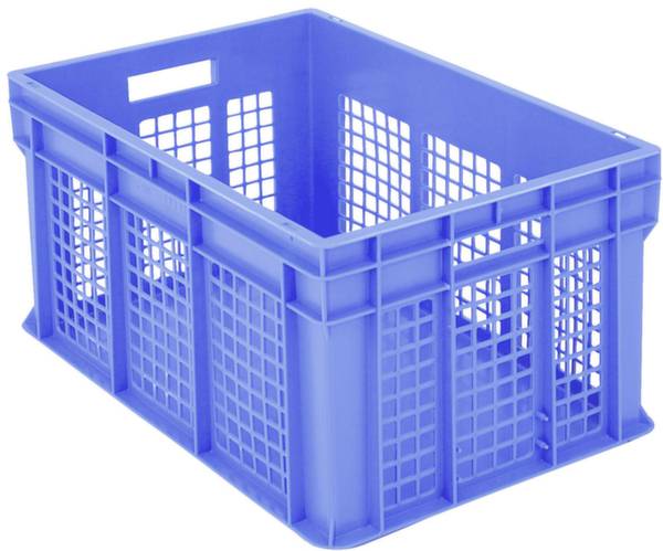 Eine blaue, leere Plastikbox mit Gitterwänden, geeignet zum Lagern oder Transportieren von Gegenständen.