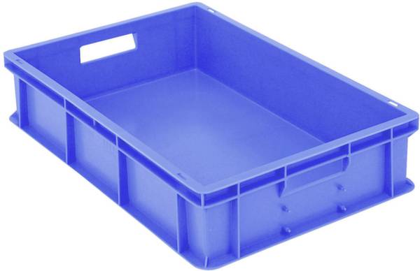 Blaue, rechteckige Kunststoffkiste mit Grifföffnung an der Seite, auf einer weißen Fläche stehend.