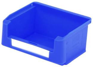 Blauer Kunststoffbehälter mit offener Vorderseite, geeignet für Lagerung oder Organisation von kleinen Gegenständen.