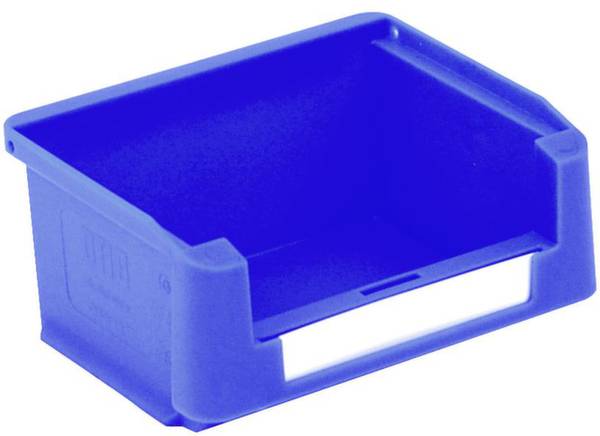Ein blauer, offener Lagerbehälter aus Kunststoff mit einem Etikettenfach an der Vorderseite. Verwendet zur Aufbewahrung kleinerer Gegenstände.