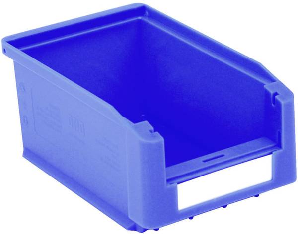 Blaue Kunststoffbox mit offenem Vorderteil, geeignet zur Lagerung von Kleinteilen.